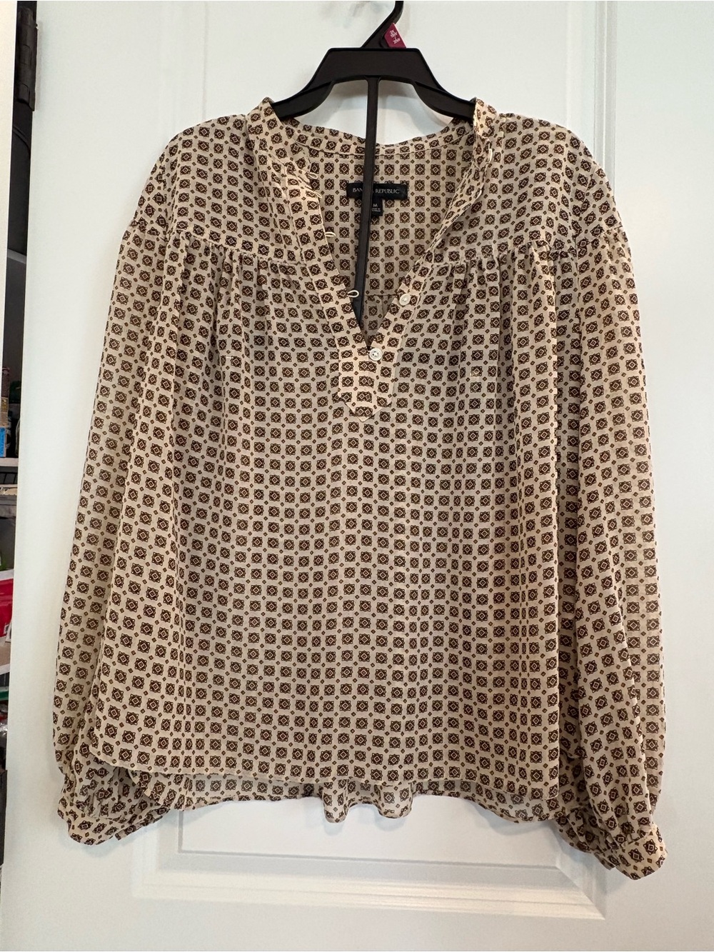 Banana Republic Cream and Brown Printed Peasant Blouse